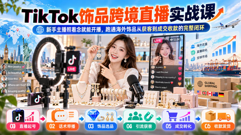 TikTok饰品跨境直播实战课，新手主播照着念就能开播，跑通海外饰品从获客到成交收款的完整闭环-九节课
