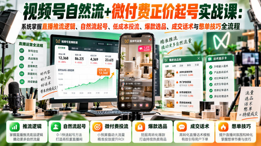 视频号自然流+微付费正价起号实战课：系统掌握直播推流逻辑、自然流起号、低成本投流、爆款选品、成交话术与憋单技巧全流程-九节课