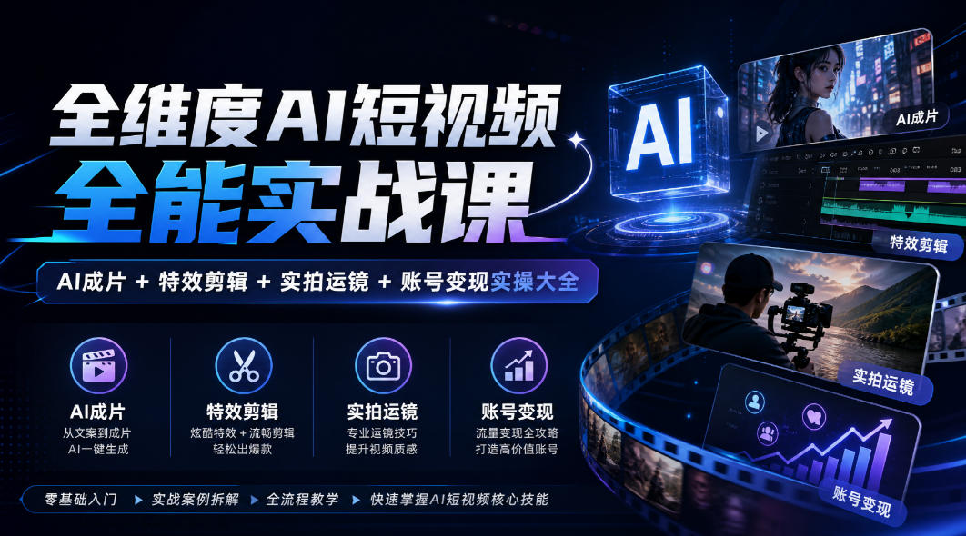 全维度AI短视频全能实战课，AI成片+特效剪辑+实拍运镜+账号变现实操大全-九节课
