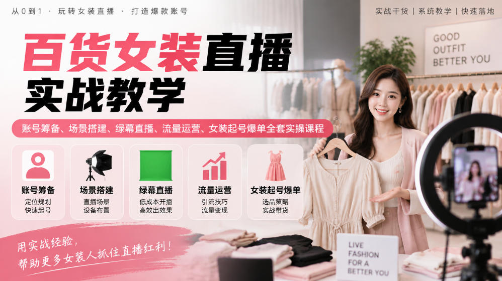百货女装直播实战教学｜账号筹备、场景搭建、绿幕直播、流量运营、女装起号爆单全套实操课程-九节课