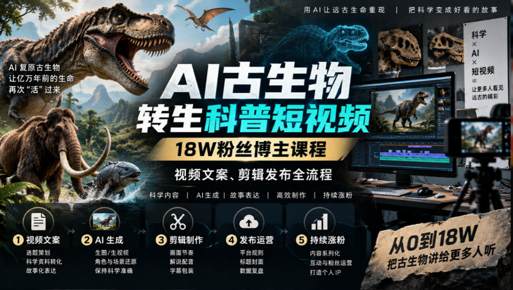 AI古生物转生科普短视频，18W粉丝博主课程，视频文案、剪辑发布全流程-九节课