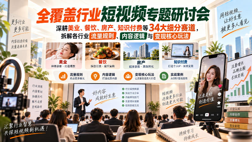 短视频专题研讨会，深耕美业、餐饮、房产、知识付费等34大细分赛道，拆解各行业流量规则、内容逻辑与变现核心玩法（更新1011）-九节课
