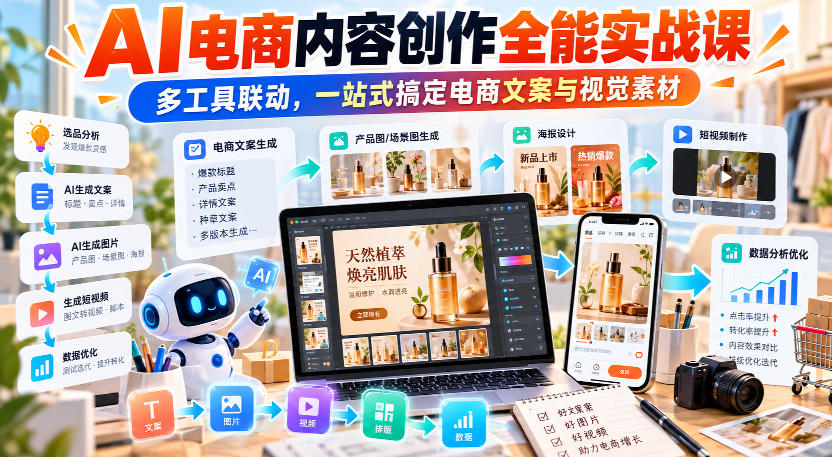 【无水印】AI电商内容创作全能实战课｜多工具联动，一站式搞定电商文案与视觉素材-九节课