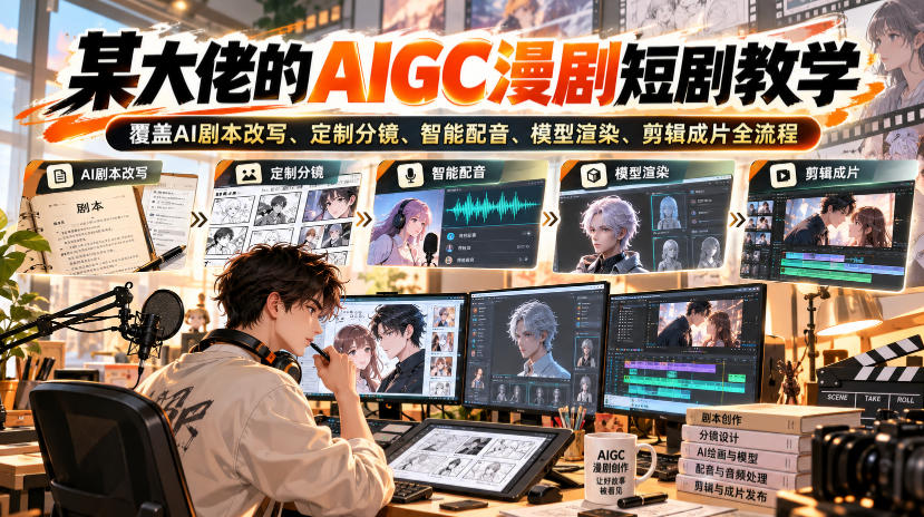 某大佬的AIGC漫剧短剧教学，覆盖AI剧本改写、定制分镜、智能配音、模型渲染、剪辑成片全流程-九节课