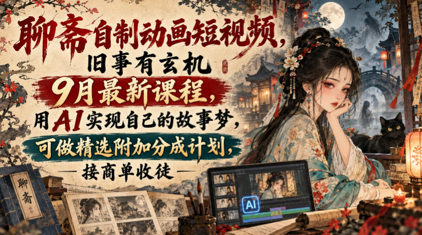 聊斋自制动画短视频，旧事有玄机9月最新课程，用AI实现自己的故事梦，可做精选附加分成计划，接商单收徒-九节课