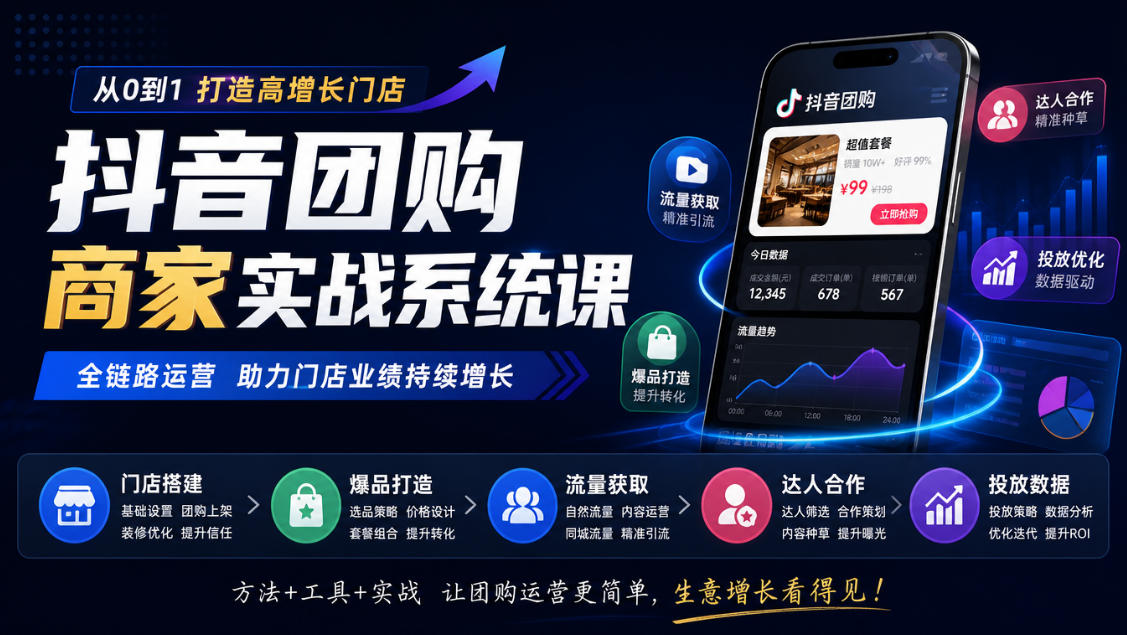 抖音团购商家实战系统课｜门店搭建、爆品打造、流量获取、达人合作、投放数据全链路运营-九节课