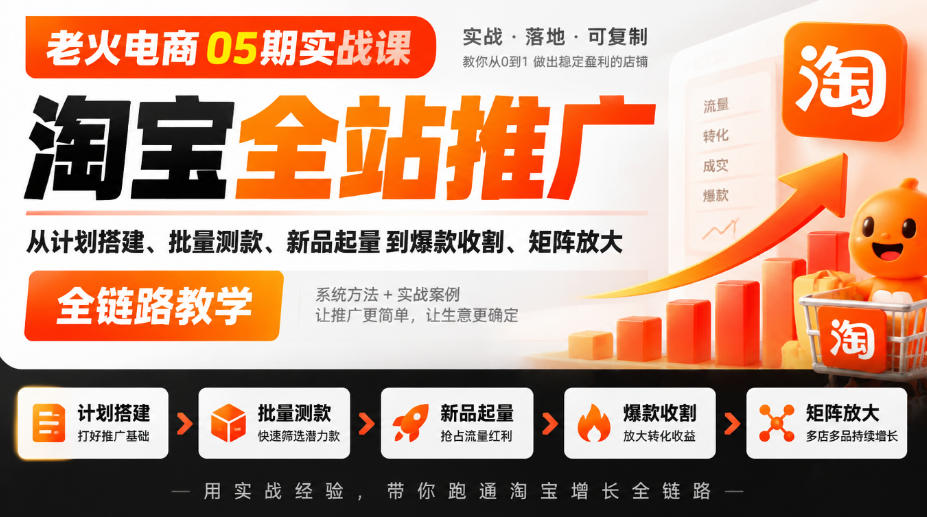 老火电商05期实战课｜淘宝全站推广从计划搭建、批量测款、新品起量到爆款收割、矩阵放大全链路教学-九节课