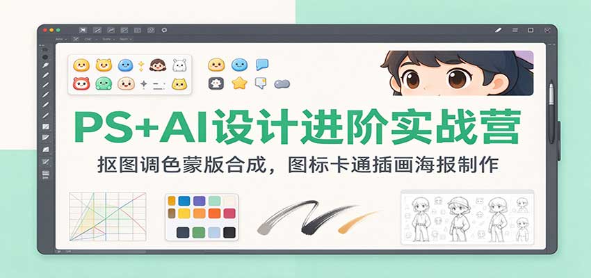 PS+AI设计进阶实战营：抠图调色蒙版合成，图标卡通插画海报制作-九节课