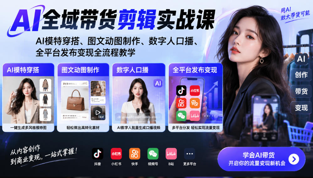 AI全域带货剪辑实战课｜AI模特穿搭、图文动图制作、数字人口播、全平台发布变现全流程教学-九节课