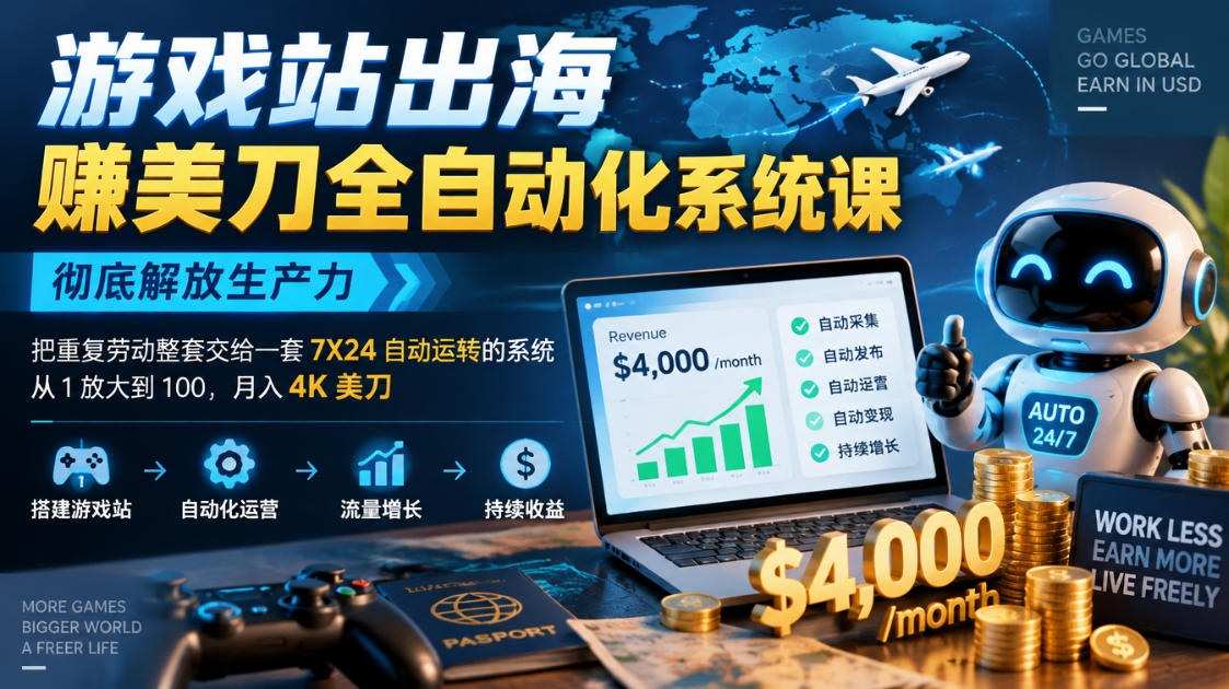 游戏站出海賺美刀全自动化系统课，彻底解放生产力–把重复劳动整套交给一套7X24自动运转的系统，从1放大到100，月入4K美刀-九节课