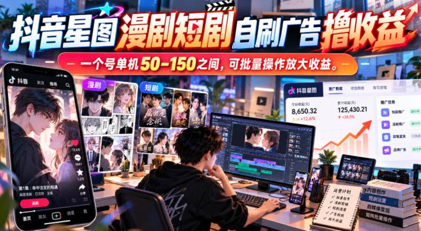 抖音星图漫剧短剧自刷广告撸收益，一个号单机50-150之间，可批量操作放大收益-九节课