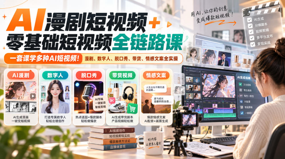 AI漫剧短视频+零基础短视频全链路课，一套课学多种AI短视频！漫剧、数字人、脱口秀、带货、情感文案全实操-九节课