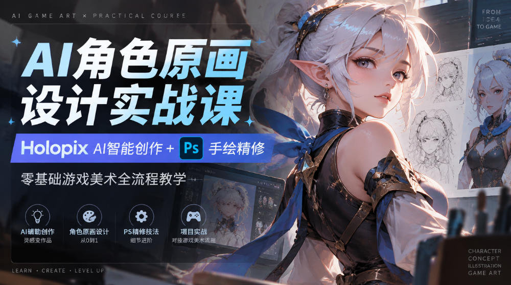 AI角色原画设计实战课｜Holopix AI智能创作+PS手绘精修，零基础游戏美术全流程教学-九节课