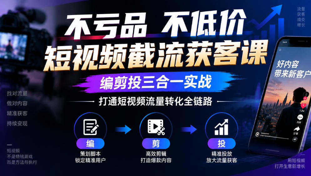 不亏品不低价短视频截流获客课，编剪投三合一实战，打通短视频流量转化全链路-九节课