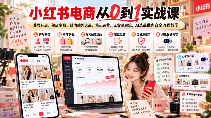 小红书电商从0到1实战课｜养号开店、单店多品、站内站外选品、笔记运营、无货源避坑、AI选品做内容全流程教学-九节课