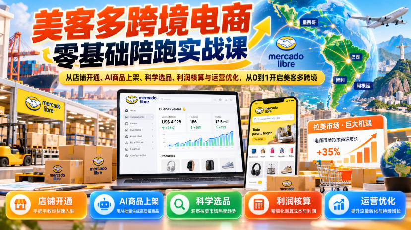 美客多跨境电商零基础陪跑实战课：从店铺开通、AI商品上架、科学选品、利润核算与运营优化，从0到1开启美客多跨境-九节课