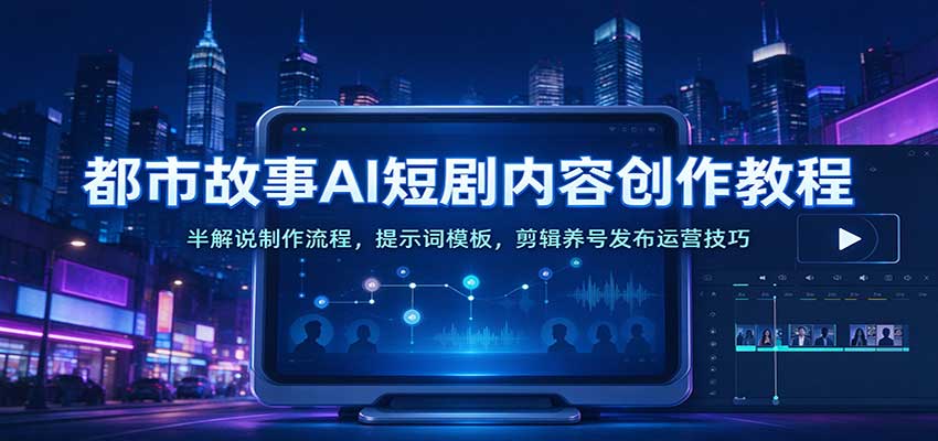都市故事AI短剧内容创作教程：半解说制作流程，提示词模板，剪辑养号发布运营技巧-九节课