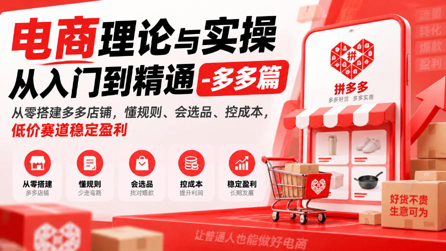 电商理论与实操从入门到精通-多多篇，从零搭建多多店铺，懂规则、会选品、控成本，低价赛道稳定盈利-九节课