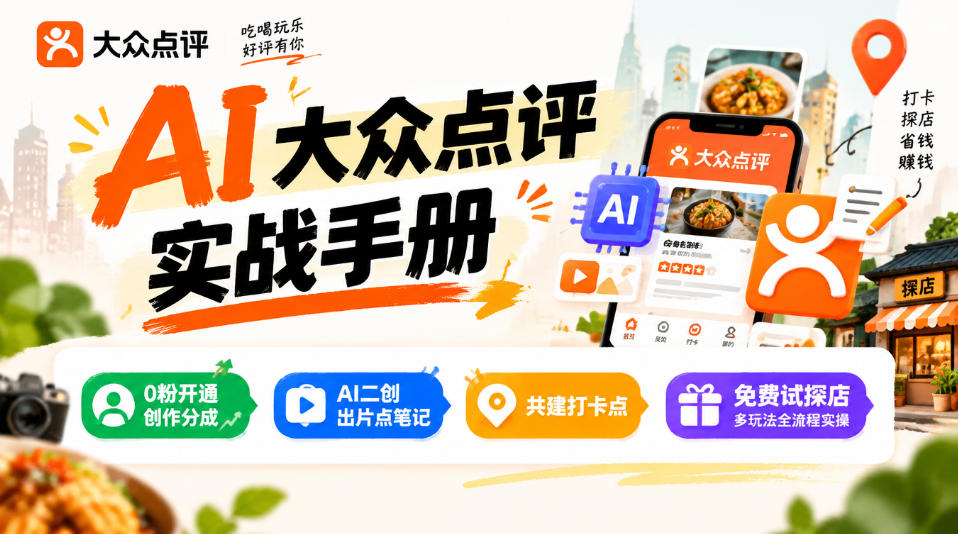 某局的AI大众点评实战手册，0粉开通创作分成、AI二创出片点笔记、共建打卡点、免费试探店多玩法全流程实操-九节课