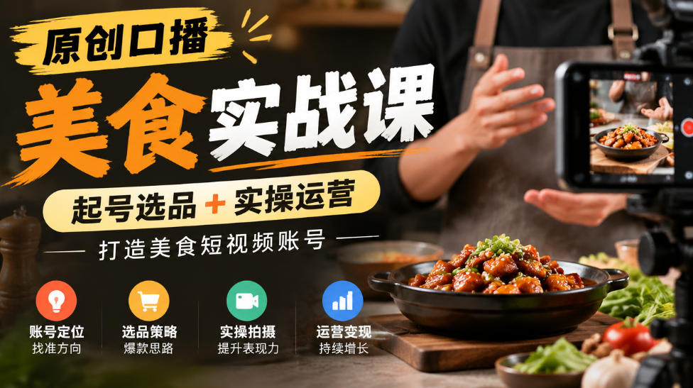 原创口播美食实战课，起号选品+实操运营，打造美食短视频账号-九节课