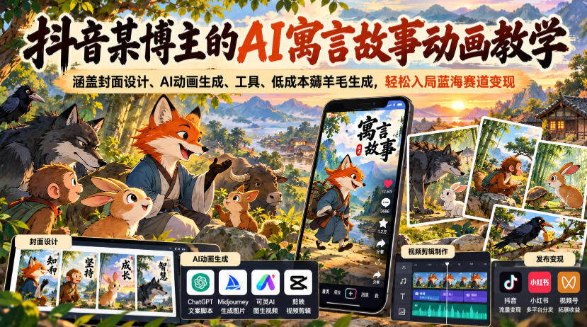 抖音某博主的AI寓言故事动画教学，涵盖封面设计、AI动画生成、工具、低成本薅羊毛生成，轻松入局蓝海赛道变现-九节课
