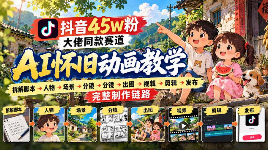 抖音45W粉大佬同款赛道AI怀旧动画实战课：拆解脚本→人物→场景→分镜→出图→视频→剪辑→发布完整制作链路-九节课