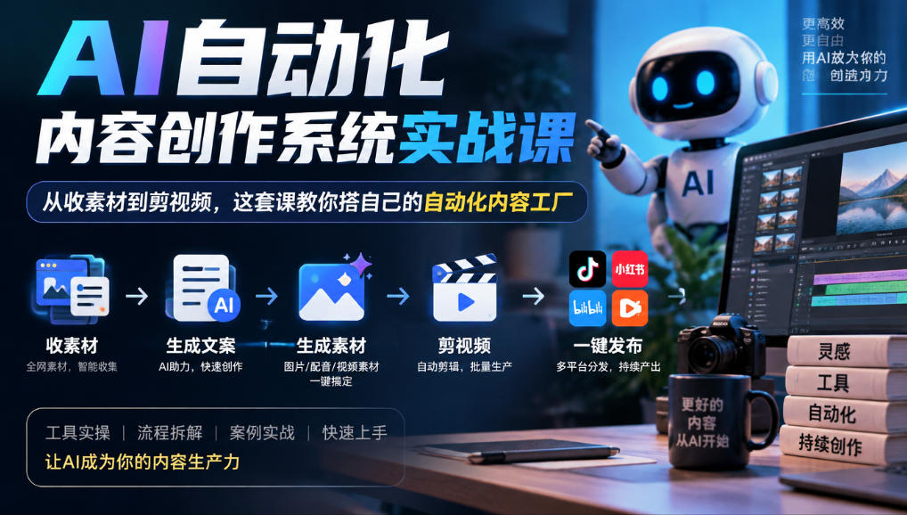 AI自动化内容创作系统实战课，从收素材到剪视频，这套课教你搭自己的自动化内容工厂-九节课