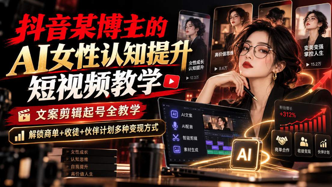 抖音某博主的Ai女性认知提升短视频教学，文案剪辑起号全教学，解锁商单+收徒+伙伴计划多种变现方式-九节课