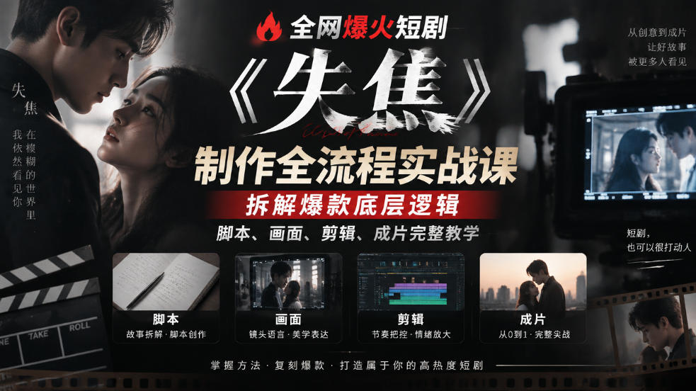 全网爆火短剧《失焦》制作全流程实战课｜拆解爆款底层逻辑，脚本、画面、剪辑、成片完整教学-九节课