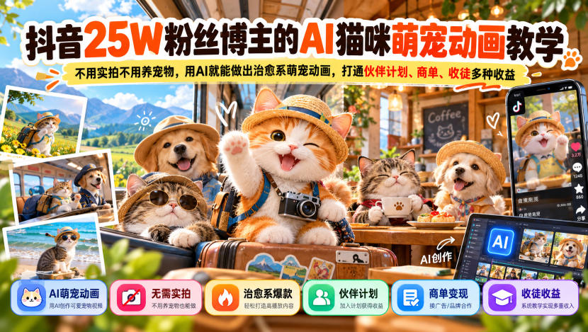 抖音25W粉丝博主的AI猫咪萌宠动画教学，不用实拍不用养宠物，用AI就能做出治愈系萌宠动画，打通伙伴计划、商单、收徒多种收益-九节课