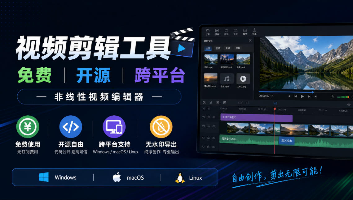 视频剪辑工具，免费、开源、跨平台，非线性视频编辑器，支持Windows、macOS、Linux，无水印、无订阅费用-九节课