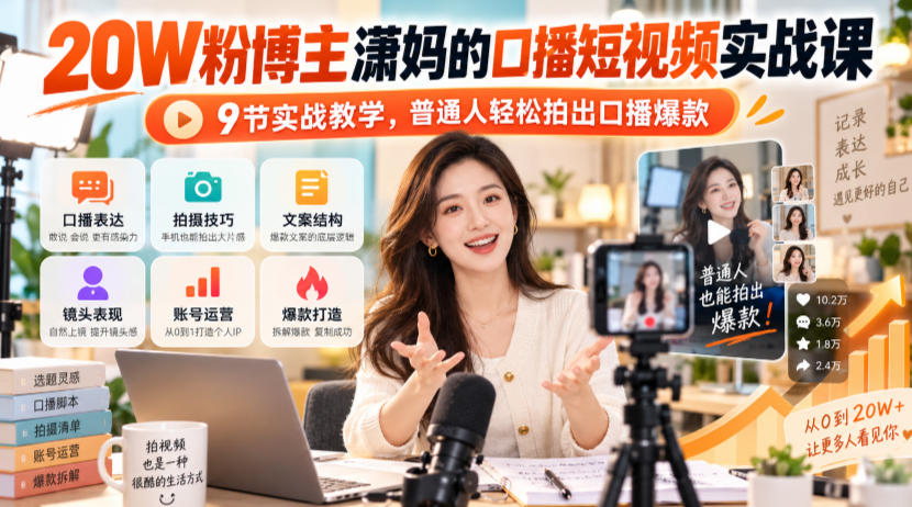 20W粉博主潇妈的口播短视频实战课，9节实战教学，普通人轻松拍出口播爆款-九节课