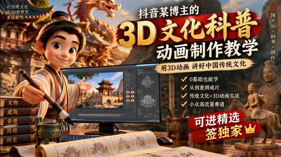 抖音某博主的3D文化科普动画制作教学，用3D动画呈现中国传统文化，可进精选签独家，单日收益1k+-九节课