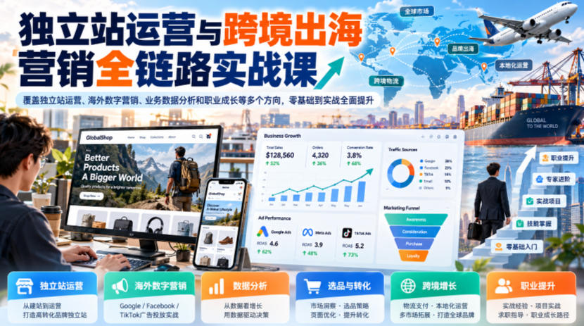 独立站运营与跨境出海营销全链路实战课，覆盖独立站运营、海外数字营销、业务数据分析和职业成长等多个方向，零基础到实战全面提升-九节课