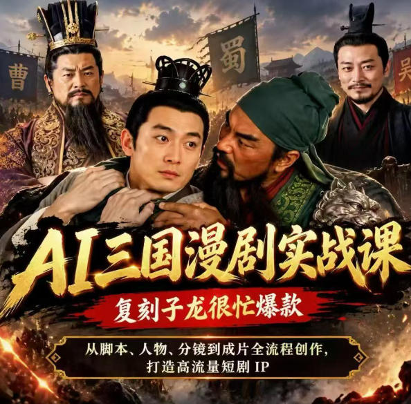 抖音14W粉博主同款AI三国漫剧实战课，复刻子龙很忙爆款，从脚本、人物、分镜到成片全流程创作，打造高流量短剧IP-九节课