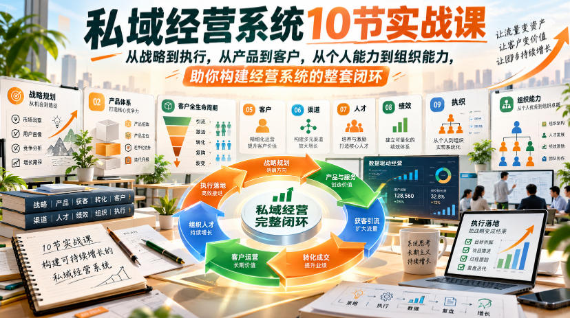 私域经营系统10节实战课，从战略到执行，从产品到客户，从个人能力到组织能力，助你构建经营系统的整套闭环-九节课