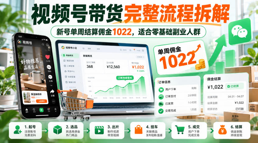 视频号带货完整流程拆解，新号单周结算佣金1022，适合零基础副业人群-九节课