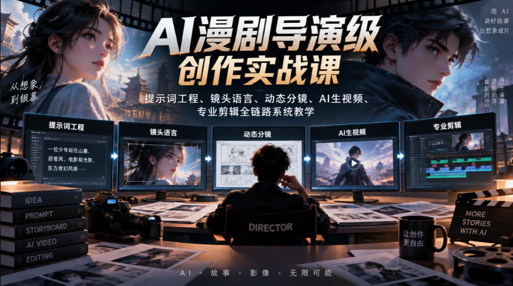 AI漫剧导演级创作实战课｜提示词工程、镜头语言、动态分镜、AI生视频、专业剪辑全链路系统教学-九节课