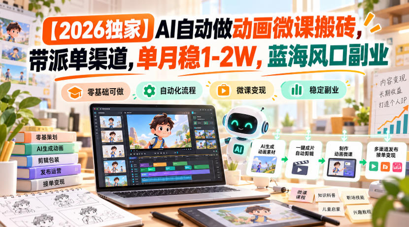 【2026独家】AI自动做动画微课搬砖，带派单渠道，单月稳1-2W，蓝海风口副业【揭秘】-九节课