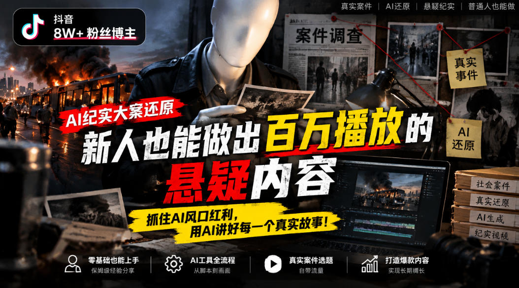 抖音8W粉丝博主的AI纪实大案还原教学，新人也能做出百W播放的悬疑内容，抓住AI风口红利，用AI讲好每一个真实故事-九节课