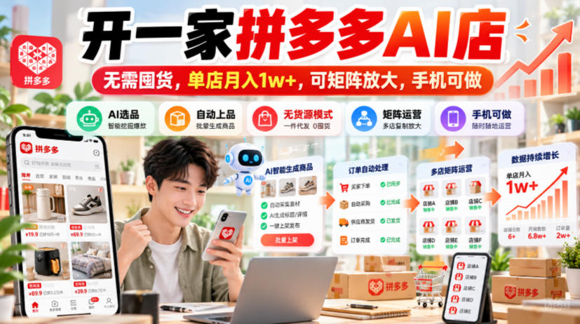 开一家拼多多AI店，无需囤货，单店月入1w+，可矩阵放大，手机可做【揭秘】-九节课