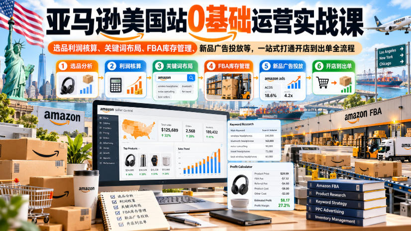 亚马逊美国站0基础运营实战课｜选品利润核算、关键词布局、FBA库存管理、新品广告投放等，一站式打通开店到出单全流程-九节课