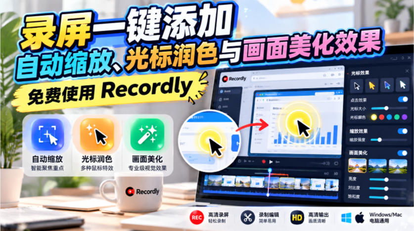 录屏一键添加自动缩放、光标润色与画面美化效果，免费使用Recordly-九节课