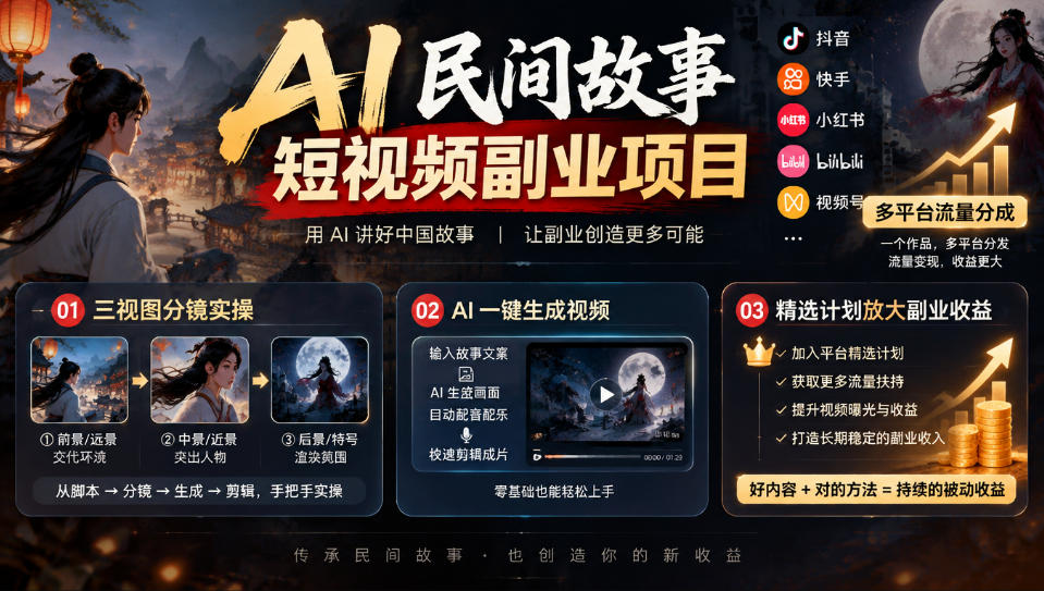 AI民间故事短视频副业项目，多平台流量分成，三视图分镜实操，精选计划放大副业收益-九节课