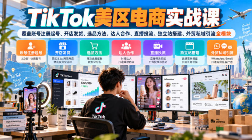 TikTok美区电商实战课，覆盖账号注册起号、开店发货、选品方法、达人合作、直播投流、独立站搭建、外贸私域引流全模块-九节课