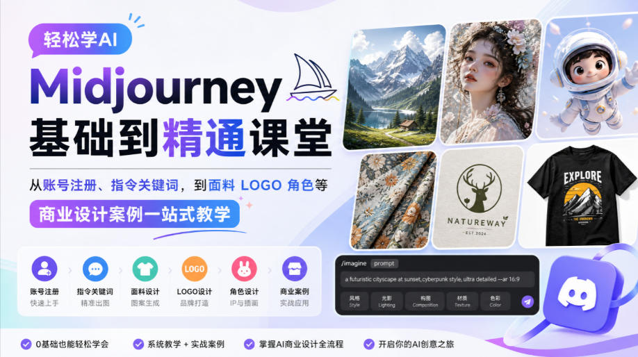 轻松学AI Midjourney基础到精通课堂，从账号注册、指令关键词，到面料LOGO角色等商业设计案例一站式教学-九节课