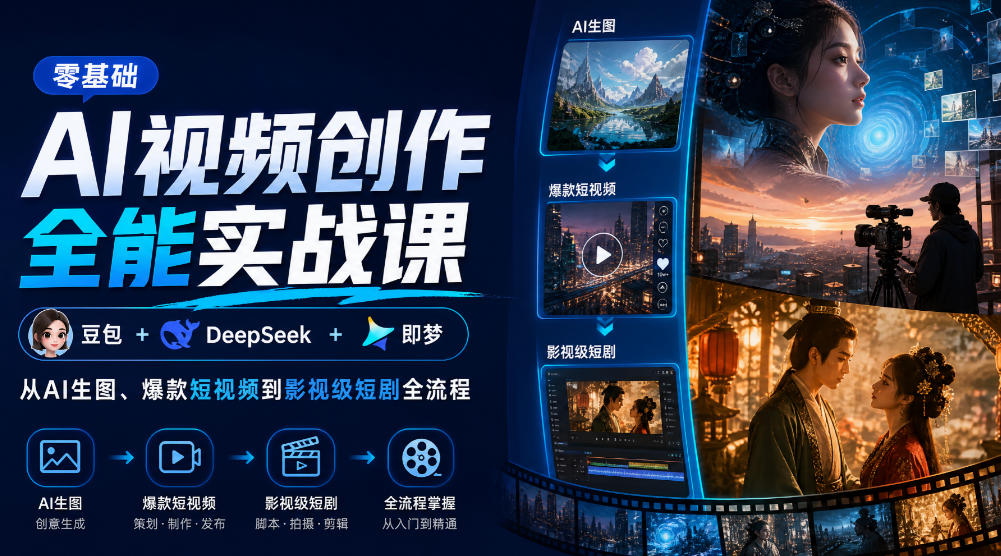 零基础AI视频创作全能实战课｜豆包+DeepSeek+即梦，从AI生图、爆款短视频到影视级短剧全流程-九节课