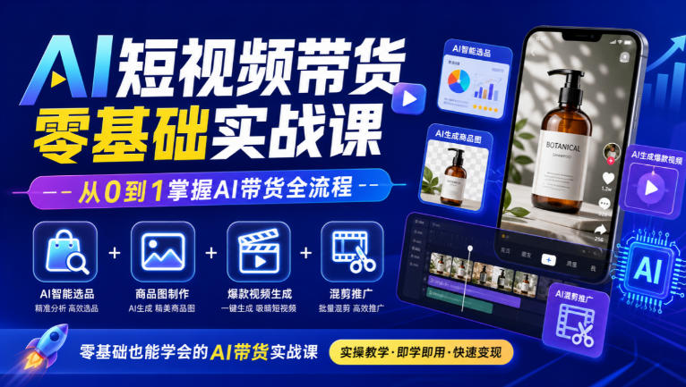 AI短视频带货零基础实战课｜AI智能选品+商品图制作+爆款视频生成+混剪推广，从0到1掌握AI带货全流程-九节课
