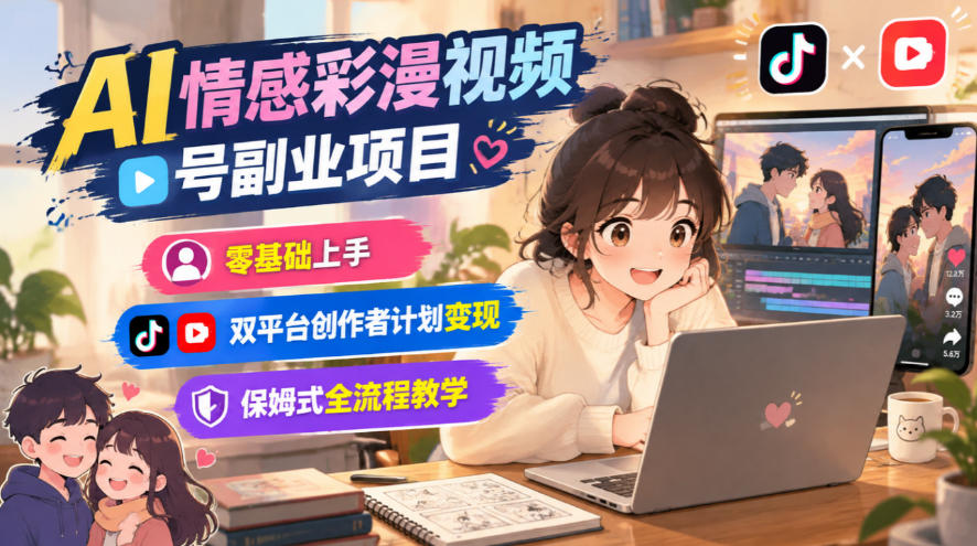 AI情感彩漫视频号副业项目，零基础上手，双平台创作者计划变现，保姆式全流程教学-九节课