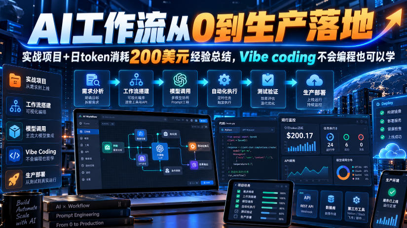 AI工作流从0到生产落地，实战项目+日token消耗200美刀经验总结，Vibe coding不会编程也可以学-九节课